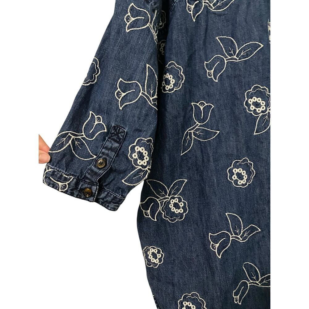 Maeve Anthropologie Oversized Denim Button Up Shirt 1X Embroidered Floral Cotton - Picture 9 of 14